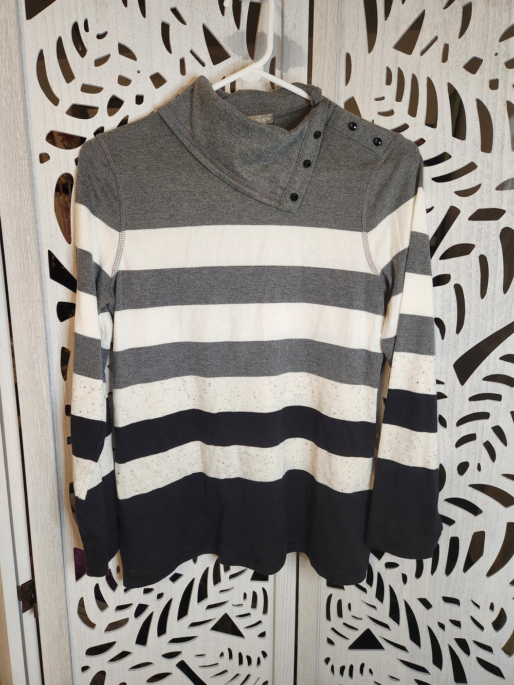 Talbots Gray, White & Black Striped Crewneck Sweater